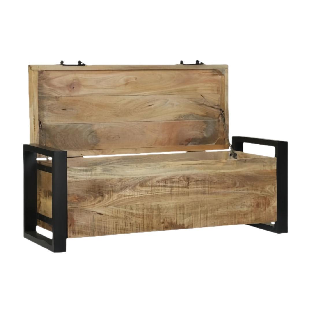 Rustic Wooden Storage Bench with Metal Frame and Lift-up Lid